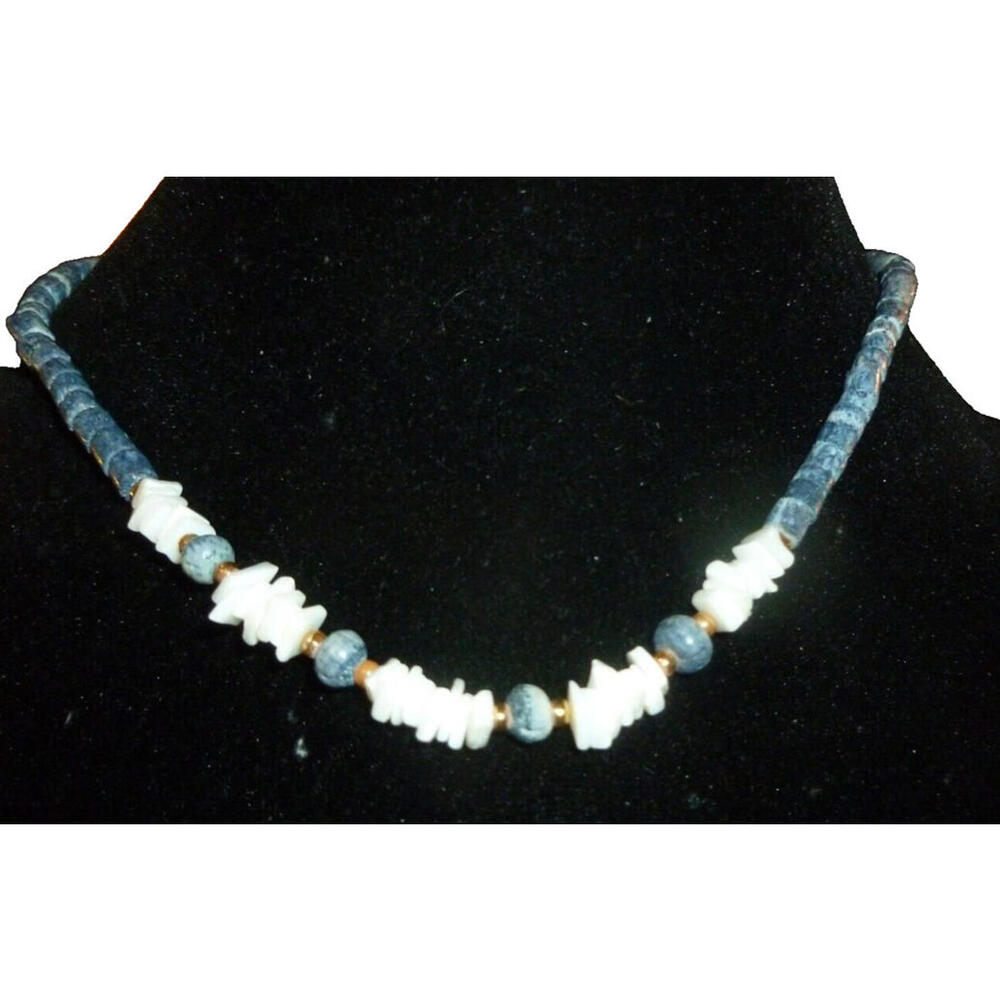 Vintage Blue Lapis‎ Lazuli Heishi Bead Choker Necklace 13" & MoP Mother Of Pearl
